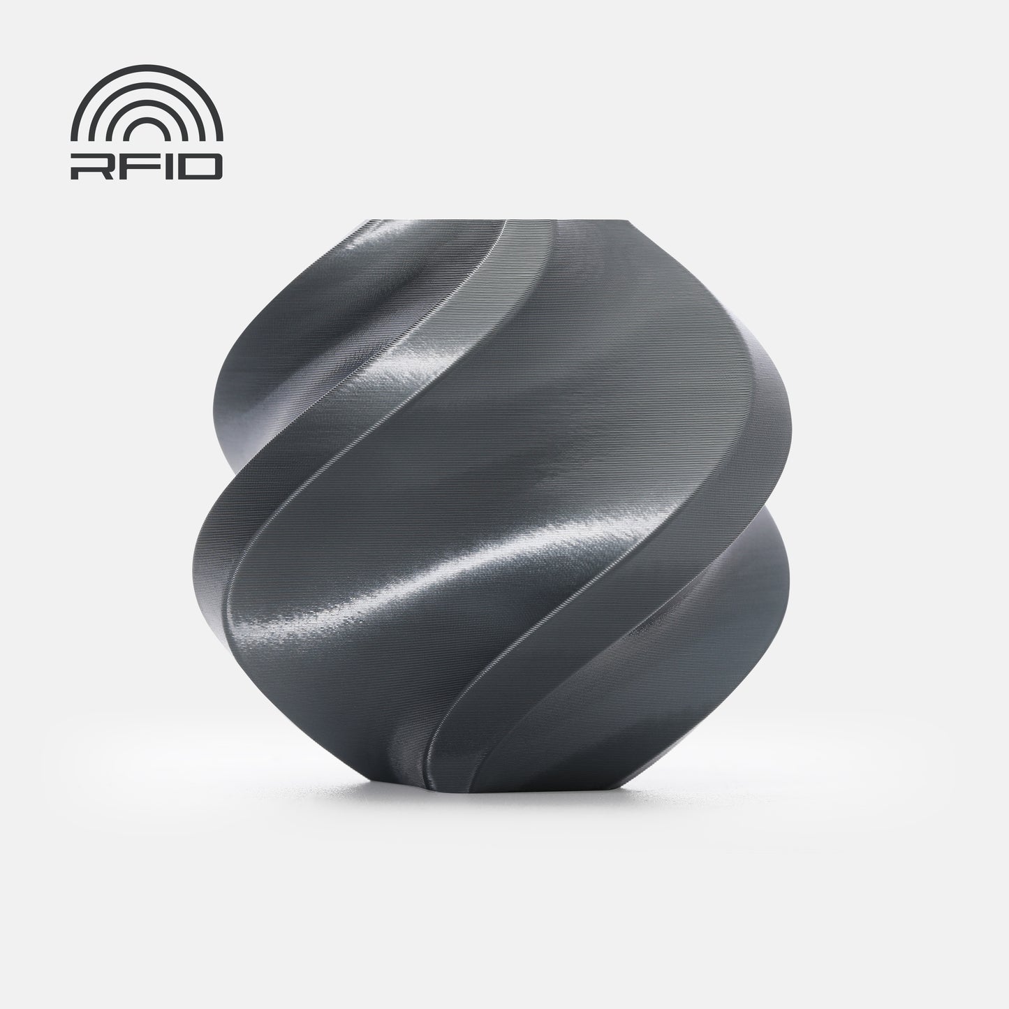 The BambuLab PLA Silk+ from 3D Printing Perth - Cirrus Link is showcased as a metallic, spiral-shaped filament with a smooth surface, RFID symbol and text in the top left, ideal for beginner-friendly 3D printer filament displays on white background.