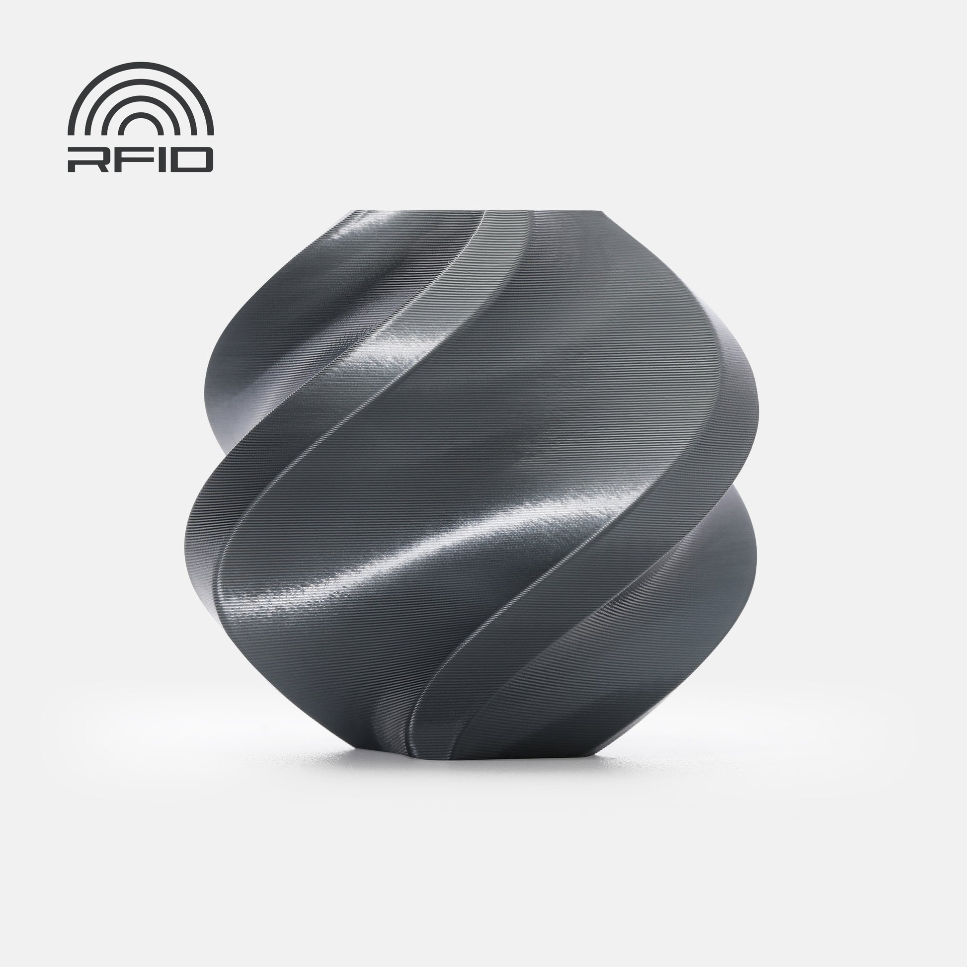 The BambuLab PLA Silk+ from 3D Printing Perth - Cirrus Link is showcased as a metallic, spiral-shaped filament with a smooth surface, RFID symbol and text in the top left, ideal for beginner-friendly 3D printer filament displays on white background.
