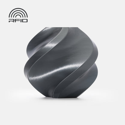 The BambuLab PLA Silk+ from 3D Printing Perth - Cirrus Link is showcased as a metallic, spiral-shaped filament with a smooth surface, RFID symbol and text in the top left, ideal for beginner-friendly 3D printer filament displays on white background.