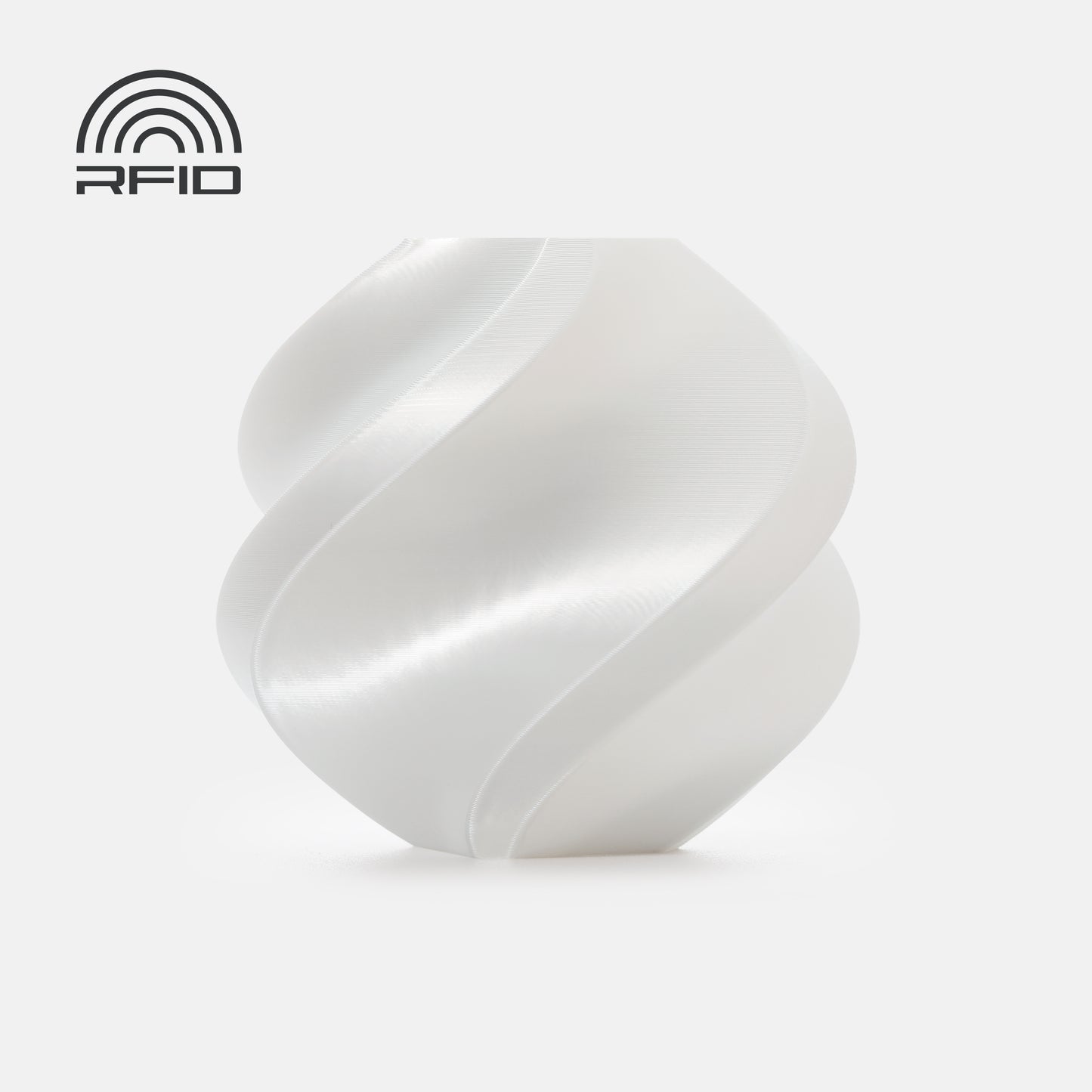 A white, spiral-patterned sphere made from BambuLab PLA Silk+ by 3D Printing Perth - Cirrus Link is shown on a plain background, featuring an RFID symbol in the top left corner.
