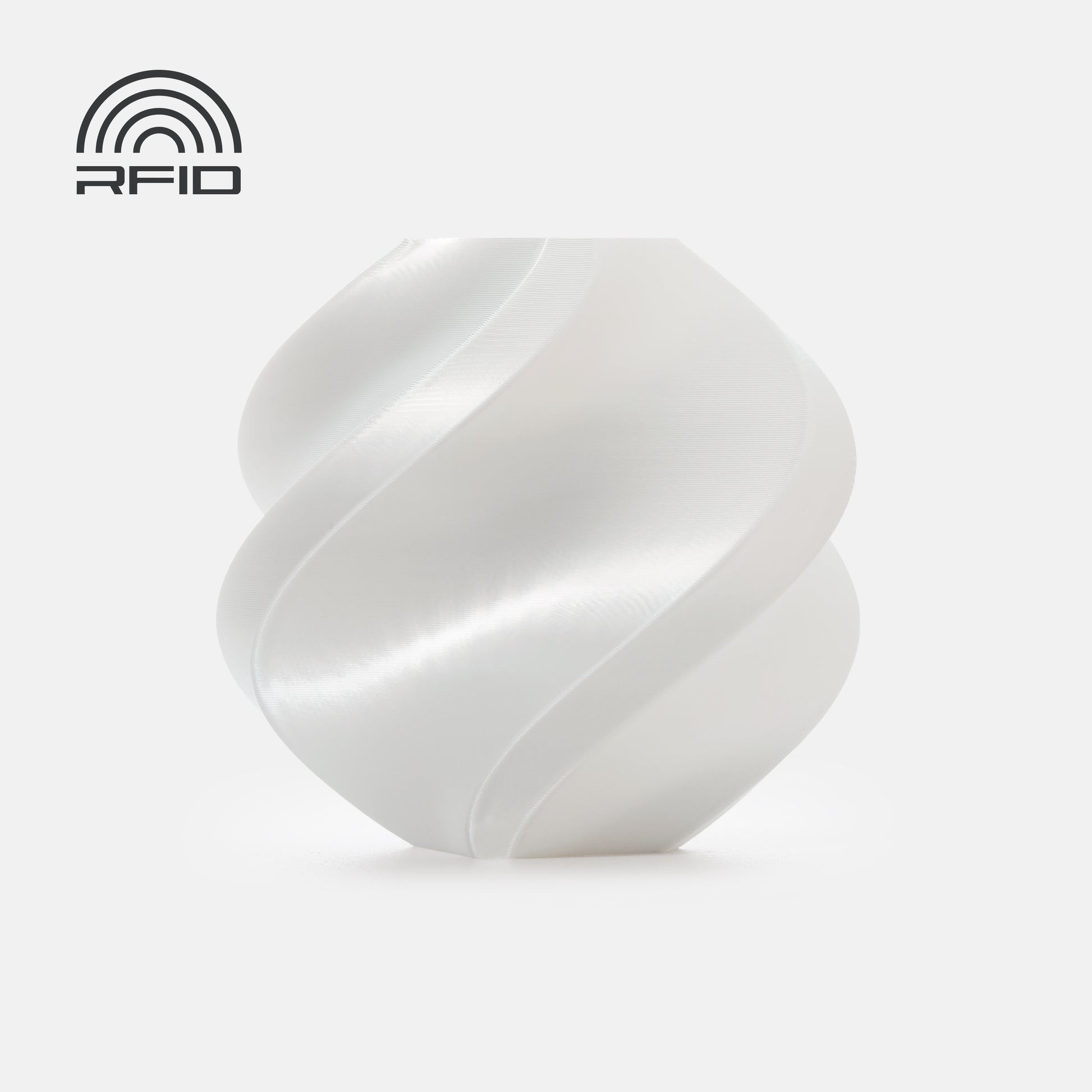 A white, spiral-patterned sphere made from BambuLab PLA Silk+ by 3D Printing Perth - Cirrus Link is shown on a plain background, featuring an RFID symbol in the top left corner.