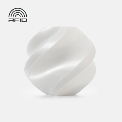 A white, spiral-patterned sphere made from BambuLab PLA Silk+ by 3D Printing Perth - Cirrus Link is shown on a plain background, featuring an RFID symbol in the top left corner.
