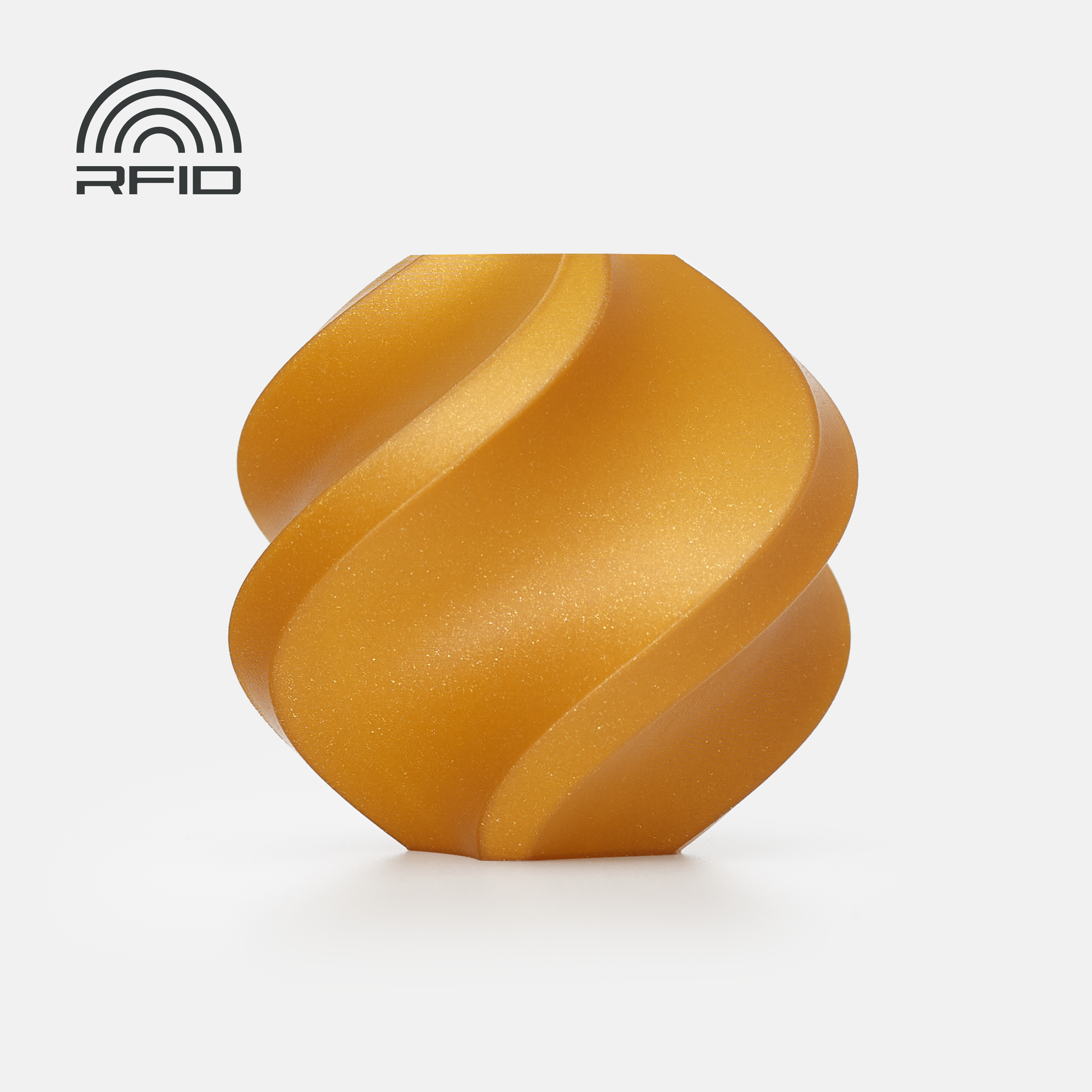 A golden, spiral-shaped Bambu Lab Filament - PLA Sparkle by 3D Printing Perth - Cirrus Link gleams on a white background, with an RFID symbol in the top left corner.