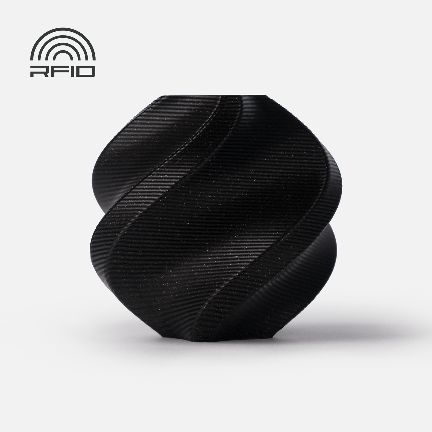 A matte black, twisted geometric object 3D printed from Bambu Lab Filament - PLA Sparkle by 3D Printing Perth - Cirrus Link sits on a white background; an RFID symbol appears in the top left corner.