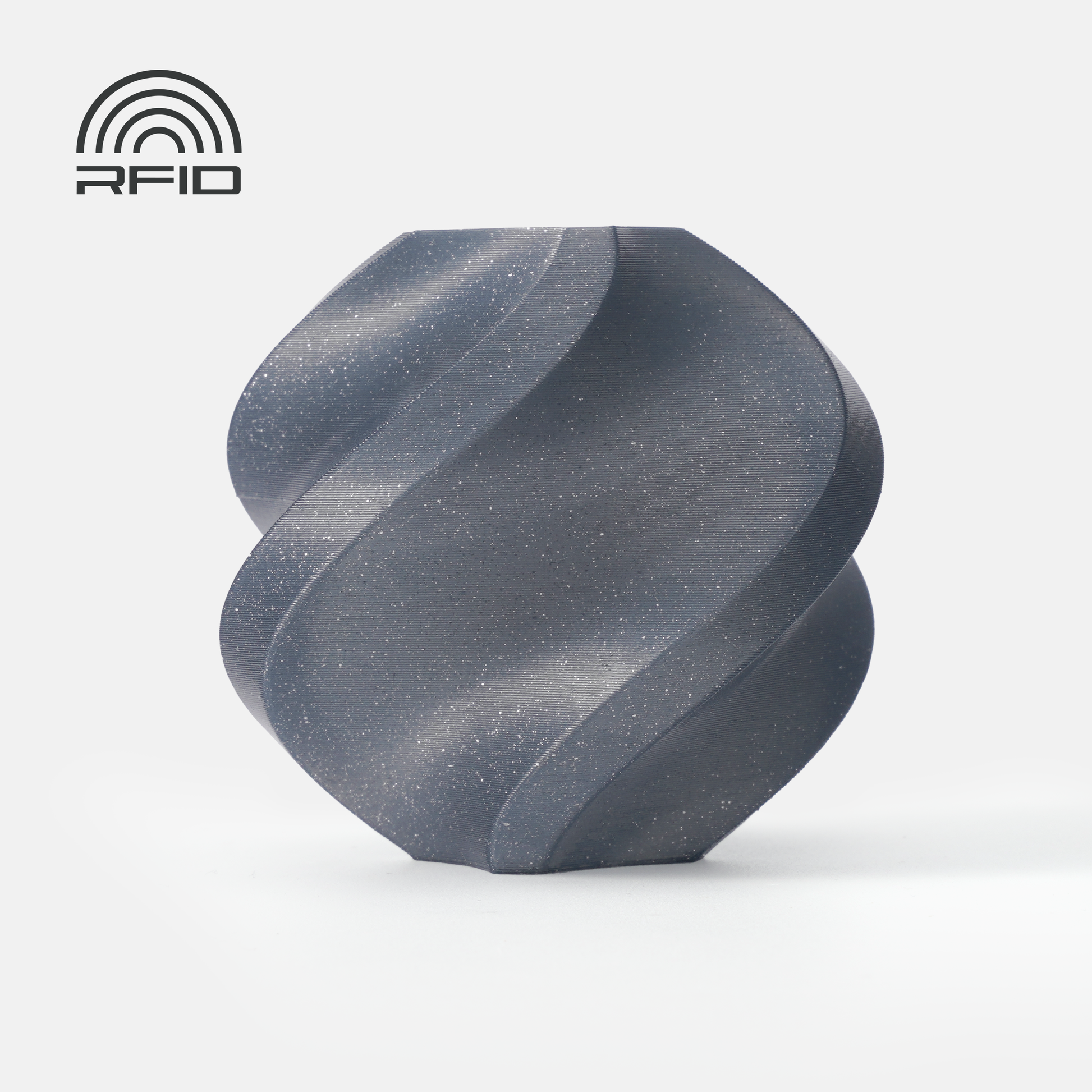 A matte, speckled dark gray vase made with Bambu Lab Filament - PLA Sparkle from 3D Printing Perth - Cirrus Link stands on a white background. An RFID icon appears at the top left.