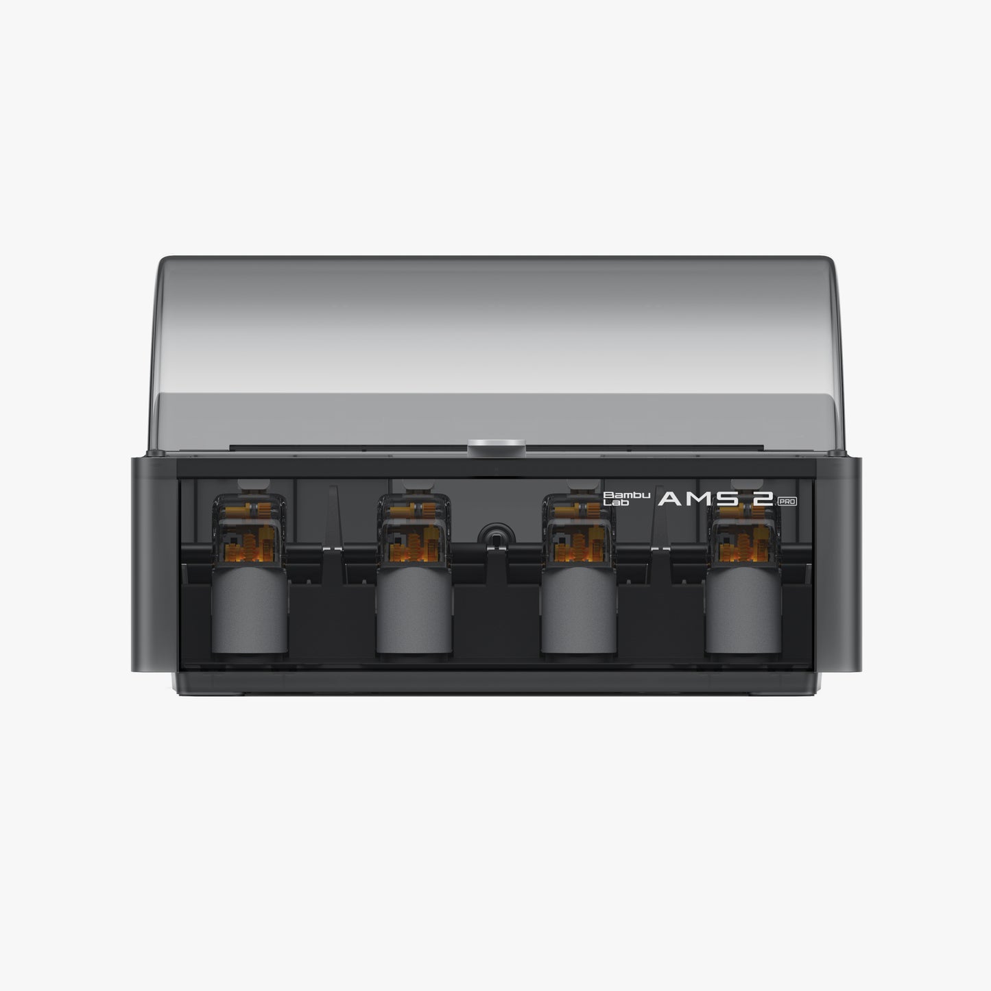 Front view of the Bambu Lab AMS 2 Pro - Automatic Material System by Bambu Lab, featuring a transparent cover, four spool slots for multi-material use, and air-tight storage for optimal 3D printing filament management.