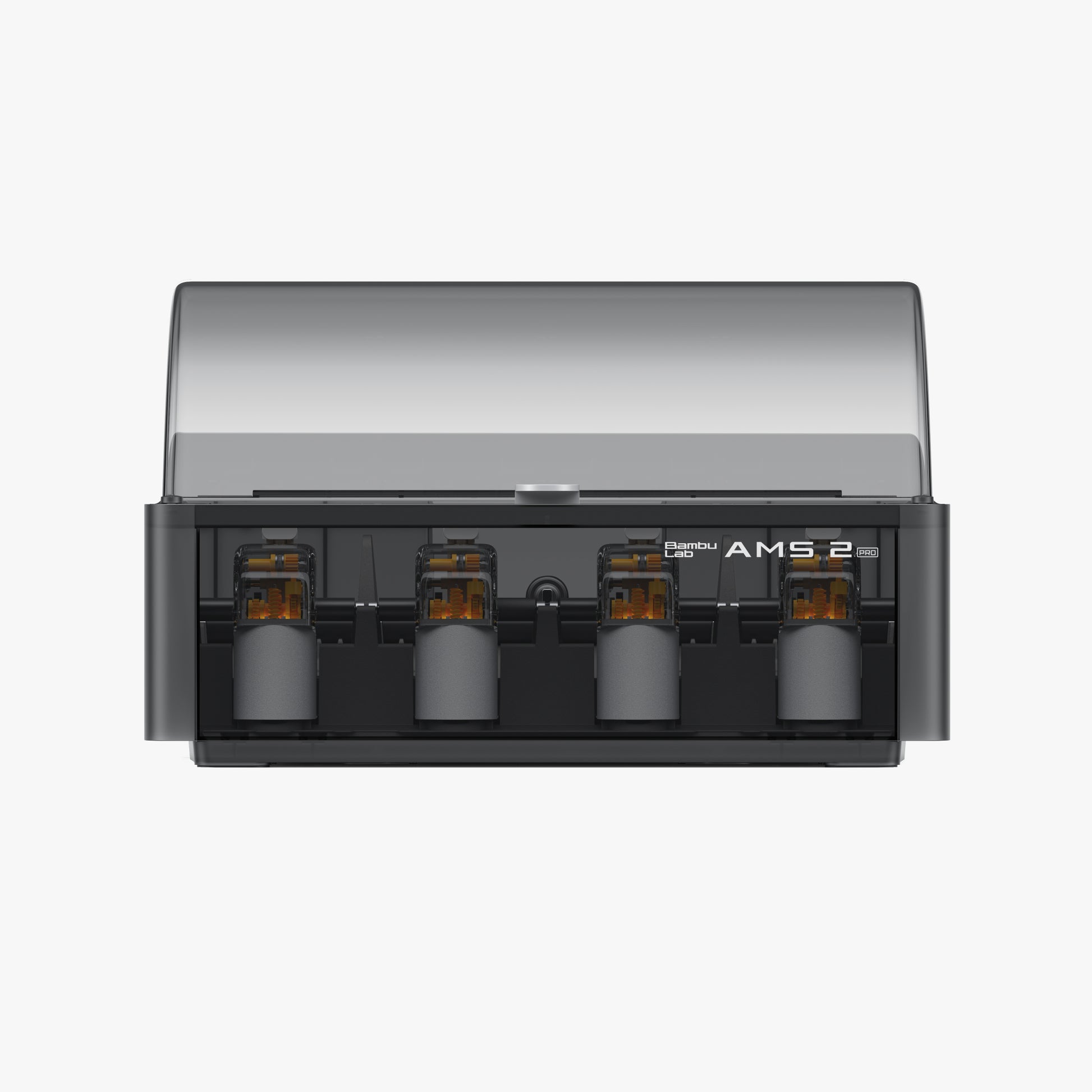 Front view of the Bambu Lab AMS 2 Pro - Automatic Material System by Bambu Lab, featuring a transparent cover, four spool slots for multi-material use, and air-tight storage for optimal 3D printing filament management.