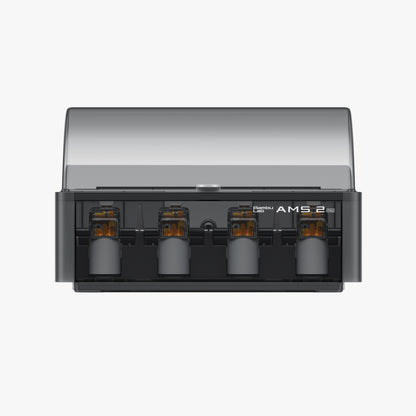 Front view of the Bambu Lab AMS 2 Pro - Automatic Material System by Bambu Lab, featuring a transparent cover, four spool slots for multi-material use, and air-tight storage for optimal 3D printing filament management.