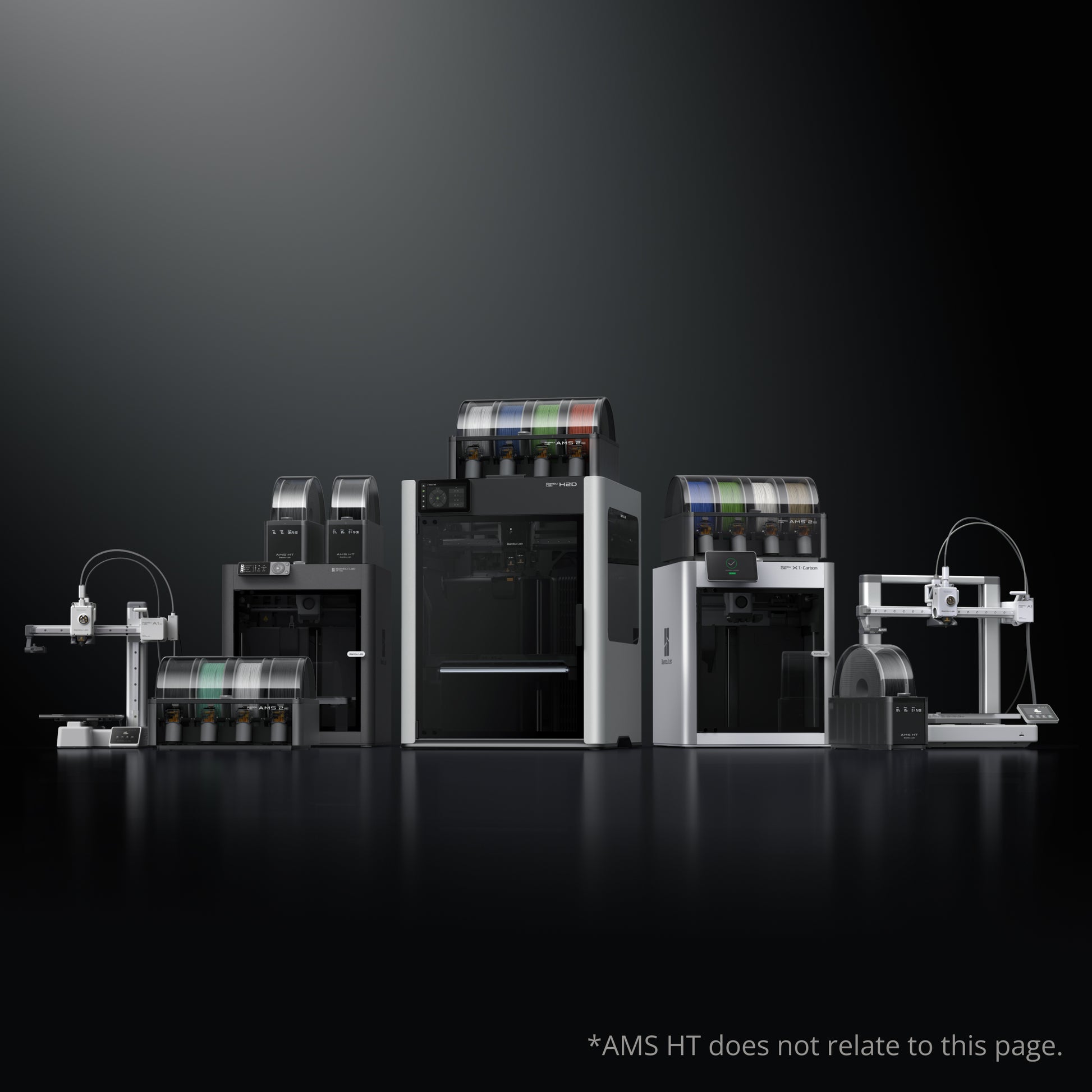 Bambu Lab showcases its advanced AMS 2 Pro Automatic Material System and 3D printers against a dark gradient background, featuring multi-material printing; note that AMS HT is not depicted in the image.