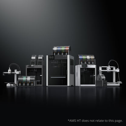 Bambu Lab showcases its advanced AMS 2 Pro Automatic Material System and 3D printers against a dark gradient background, featuring multi-material printing; note that AMS HT is not depicted in the image.
