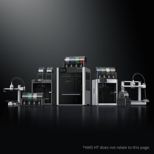 Bambu Lab showcases its advanced AMS 2 Pro Automatic Material System and 3D printers against a dark gradient background, featuring multi-material printing; note that AMS HT is not depicted in the image.