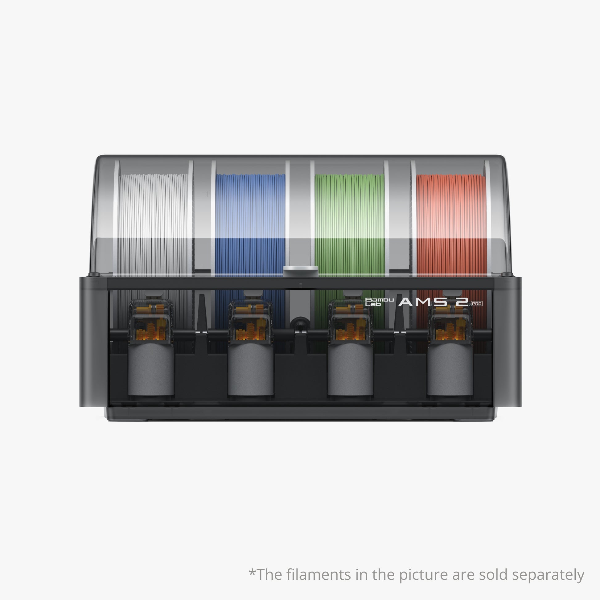 The Bambu Lab AMS 2 Pro from Bambu Lab is a black, air-tight system that stores four spools of 3D printer filament (white, blue, green, and red) for multi-material printing. Filaments sold separately.