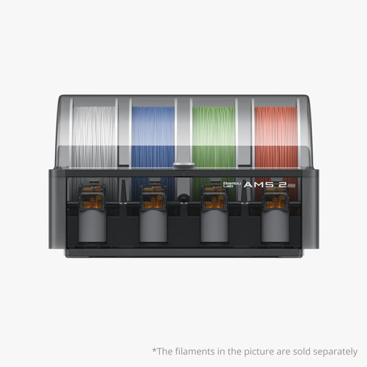 The Bambu Lab AMS 2 Pro from Bambu Lab is a black, air-tight system that stores four spools of 3D printer filament (white, blue, green, and red) for multi-material printing. Filaments sold separately.