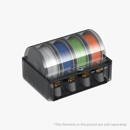 The Bambu Lab AMS 2 Pro by Bambu Lab provides air-tight storage for up to four spools (white, blue, green, orange) of 3D printer filament. Filaments sold separately; ideal for multi-material printing with a clear lid and black design.