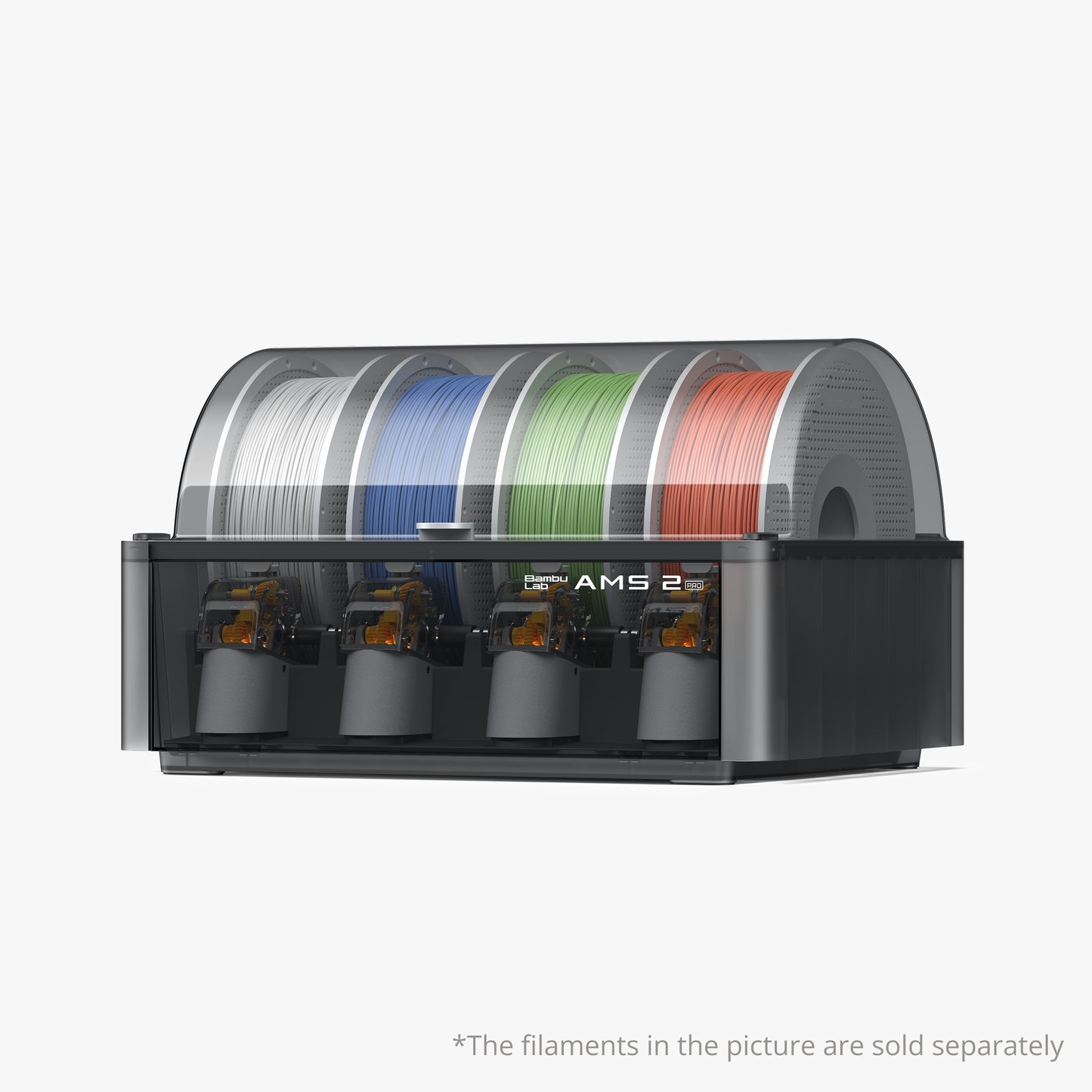 The Bambu Lab AMS 2 Pro - Automatic Material System from Bambu Lab stores five spools for multi-material printing in white, blue, gray, green, and orange. Filaments are sold separately.