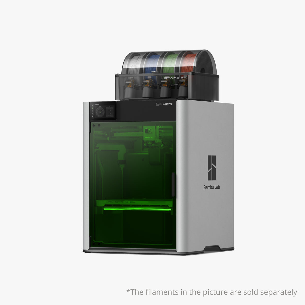 Reserve the Bambu Lab H2S 3D Printer now! This model features a transparent, green-lit front, top filament holder for multi-color printing, and a large 340*320*340 mm print volume. Filaments sold separately.