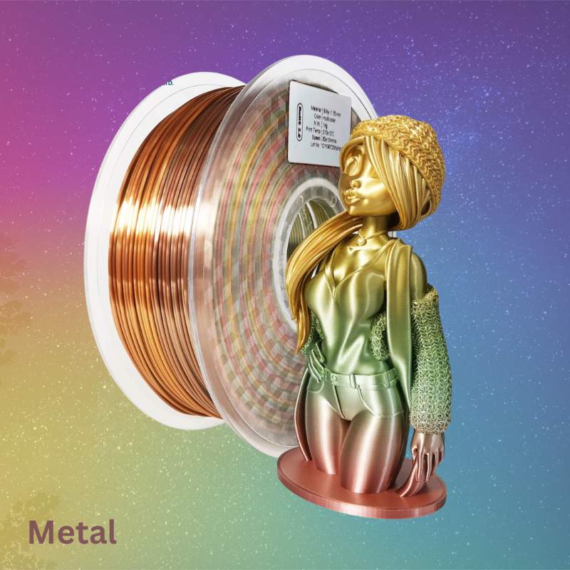 A multicolor spool of Hello3D PLA SILK Rainbow Colour 1.75mm 3D Printing Filament with a delicate statue of a woman.