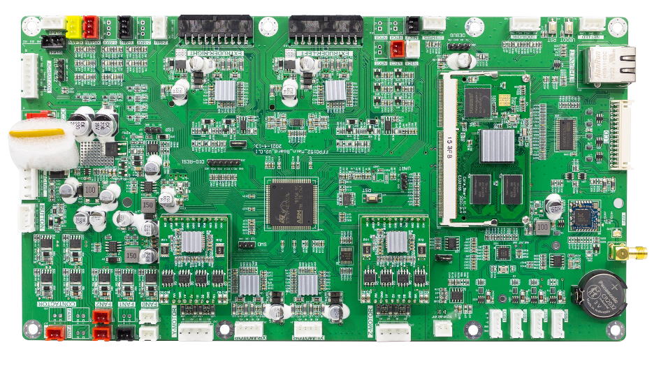 The Flashforge Creator 4 Mainboard is a green circuit board featuring a robust performance with a sophisticated arrangement of electronic components, connectors, and chips across its surface, designed to support advanced creativity.