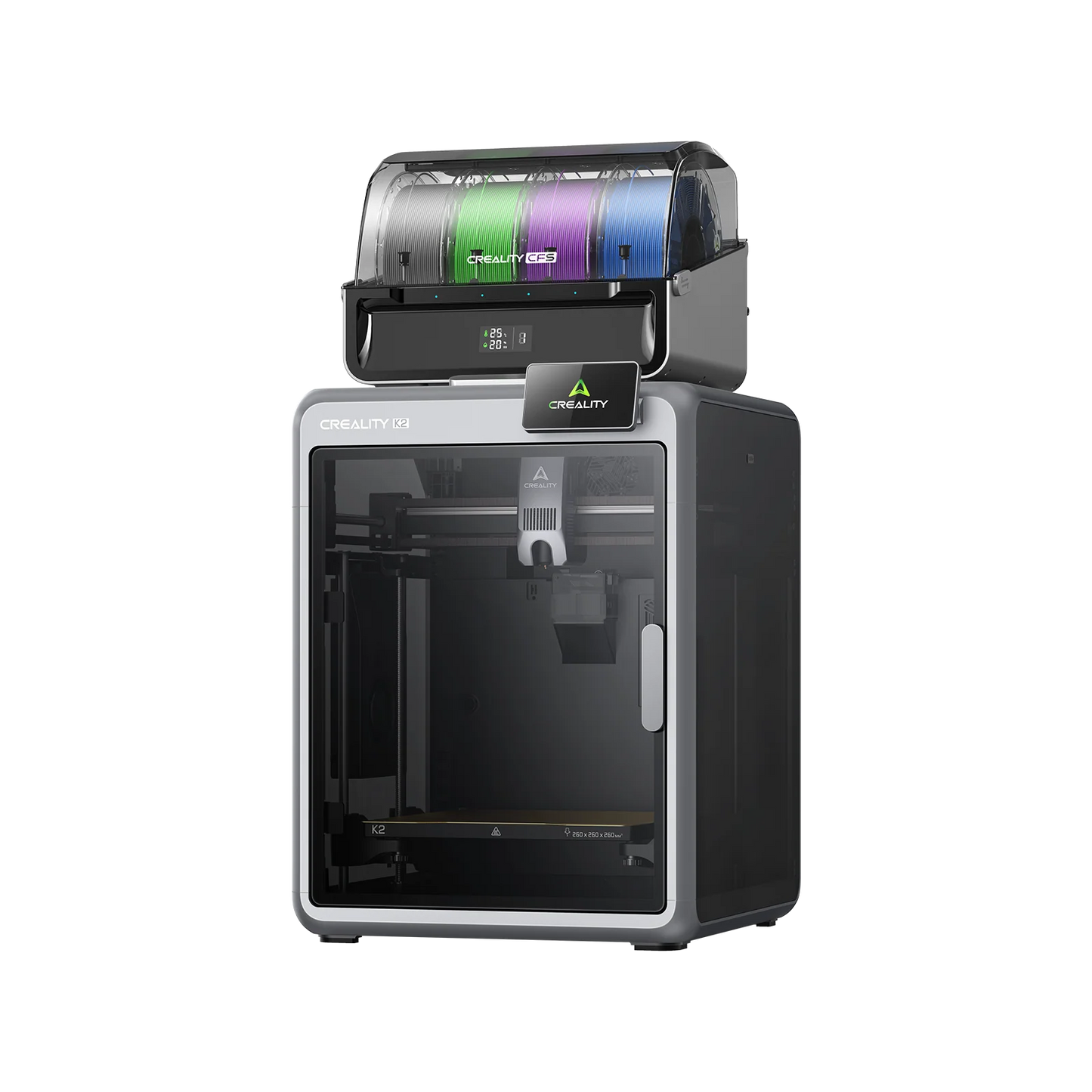 The Creality K2 Combo 3D Printer features a black and gray enclosed design, touchscreen display, top filament storage for multiple spools, and ultra-quiet printing—reserve it now!.