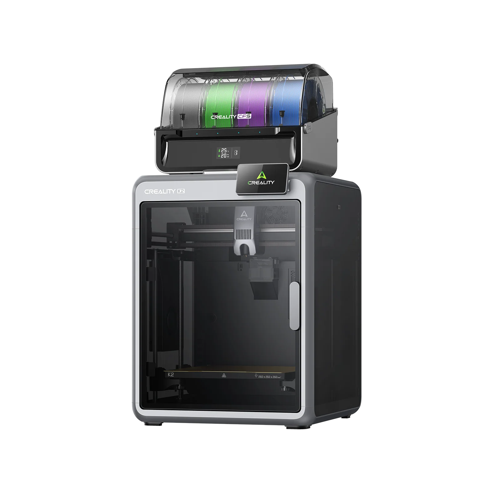 The Creality K2 Combo 3D Printer features a black and gray enclosed design, touchscreen display, top filament storage for multiple spools, and ultra-quiet printing—reserve it now!.