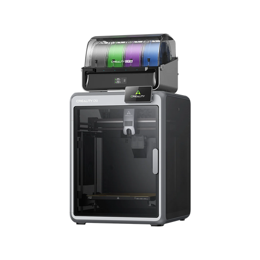 The Creality K2 Combo 3D Printer features a black and gray enclosed design, touchscreen display, top filament storage for multiple spools, and ultra-quiet printing—reserve it now!.