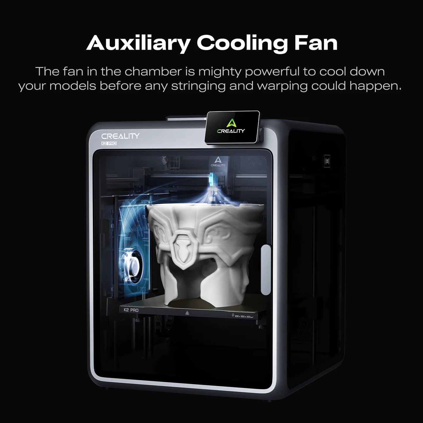 The Creality K2 Pro Combo 3D Printer, equipped with an auxiliary cooling fan, is printing a complex model; the fan helps cool prints and prevents stringing and warping during multicolor 3D printing. Reserve it now!.