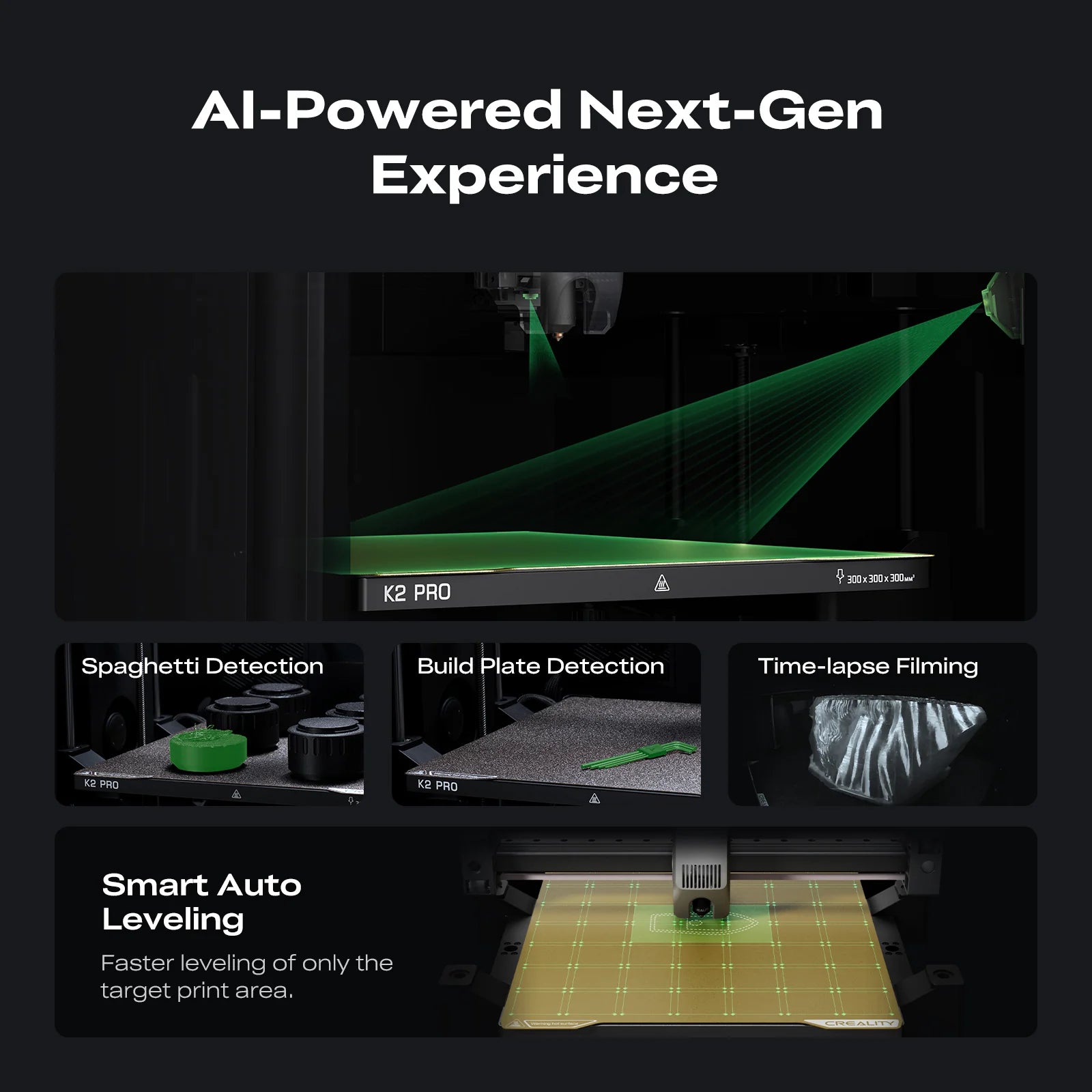 Promotional graphic showcasing Creality K2 Pro Combo 3D Printer’s AI features: multicolor printing, spaghetti and build plate detection, time-lapse filming, smart auto-leveling with green scan lines, and active chamber heating. Reserve it now!.