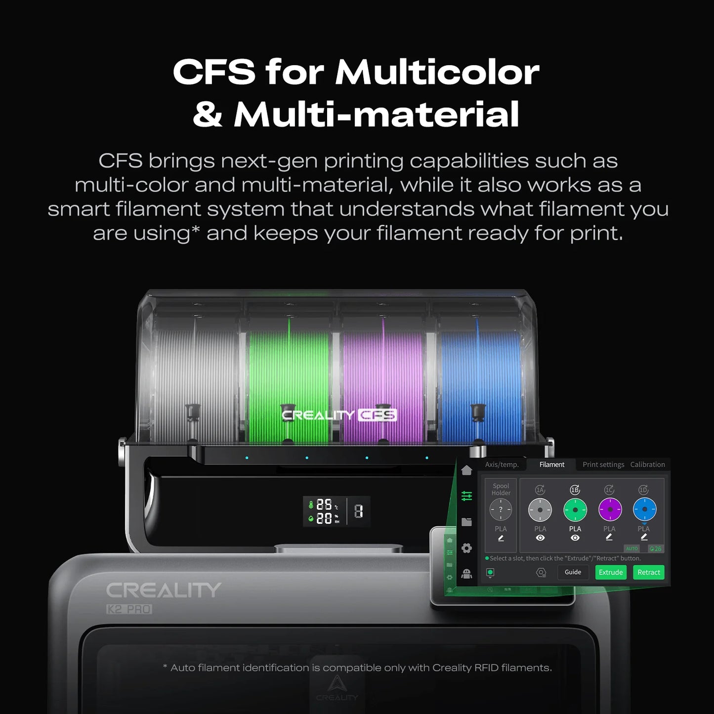 The Creality K2 Pro Combo 3D Printer is shown with three multicolor filament spools and a display featuring advanced filament management for seamless multicolor printing. Reserve it now!.