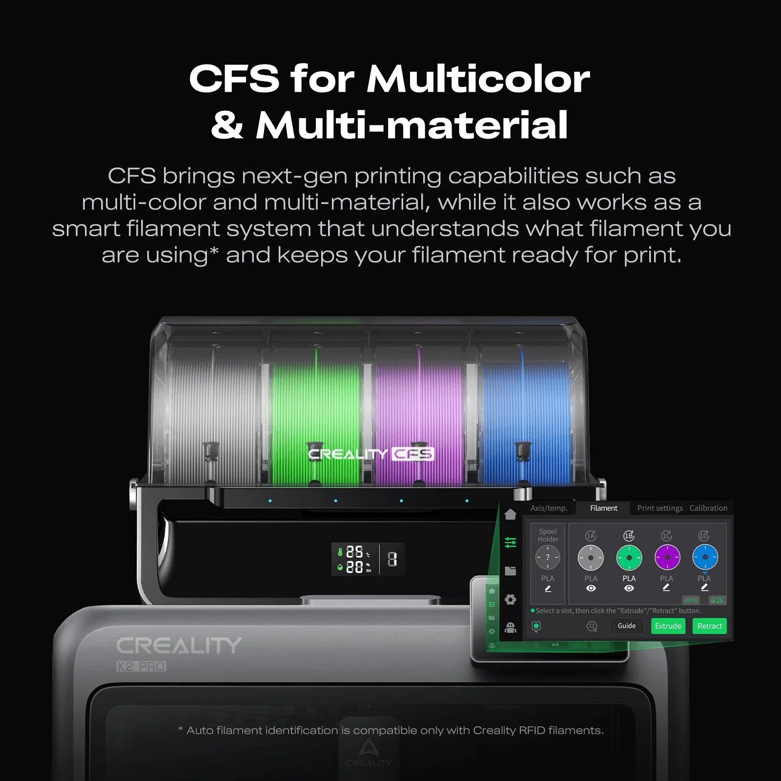 The Creality K2 Pro Combo 3D Printer is shown with three multicolor filament spools and a display featuring advanced filament management for seamless multicolor printing. Reserve it now!.