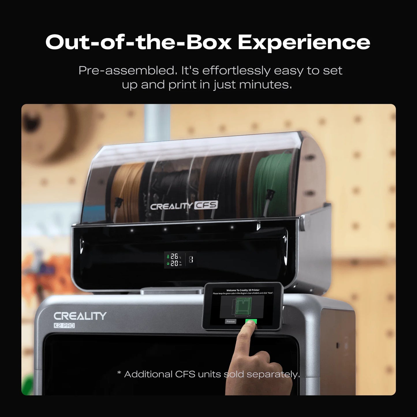 A hand interacts with the Creality K2 Pro Combo 3D Printer, featuring active chamber heating and an attached CFS filament storage unit. Spools of filament sit above. The text highlights the easy setup. Reserve it now!.