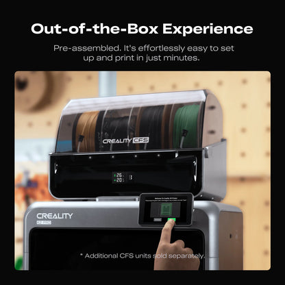 A hand interacts with the Creality K2 Pro Combo 3D Printer, featuring active chamber heating and an attached CFS filament storage unit. Spools of filament sit above. The text highlights the easy setup. Reserve it now!.