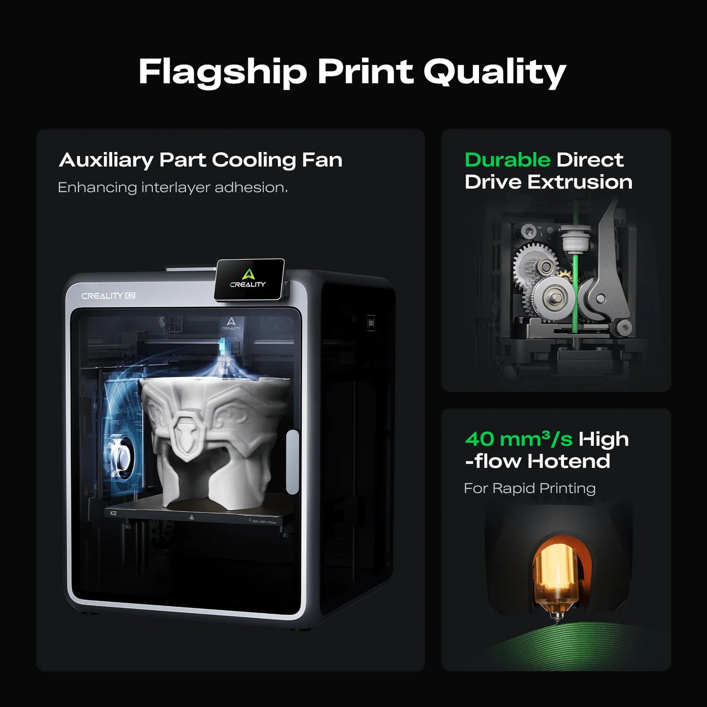 The Creality K2 Combo 3D Printer, shown with a model in progress, features ultra-quiet printing, multicolor capability, auxiliary cooling, direct drive extrusion, and a high-flow hotend. Reserve it now!.