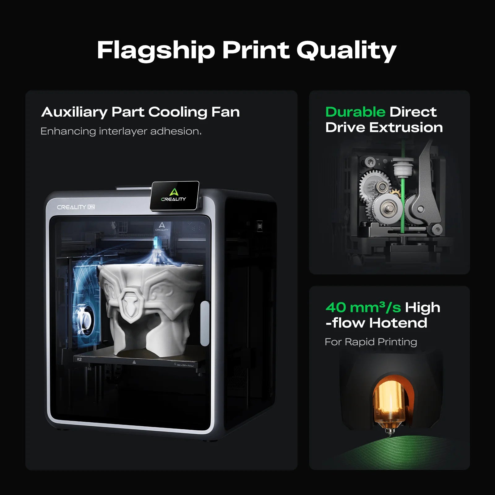 The Creality K2 Combo 3D Printer, shown with a model in progress, features ultra-quiet printing, multicolor capability, auxiliary cooling, direct drive extrusion, and a high-flow hotend. Reserve it now!.