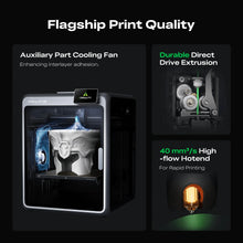 The Creality K2 Combo 3D Printer, shown with a model in progress, features ultra-quiet printing, multicolor capability, auxiliary cooling, direct drive extrusion, and a high-flow hotend. Reserve it now!.