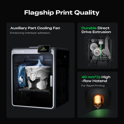 The Creality K2 Combo 3D Printer, shown with a model in progress, features ultra-quiet printing, multicolor capability, auxiliary cooling, direct drive extrusion, and a high-flow hotend. Reserve it now!.