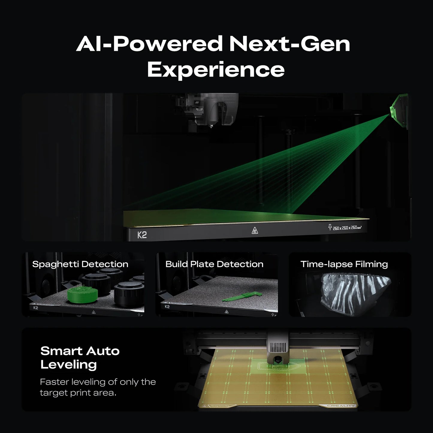 The Creality K2 Combo 3D Printer by Creality offers AI features like spaghetti detection, ultra-quiet printing, build plate and time-lapse detection, plus smart auto-leveling with a green grid. Reserve it now!.