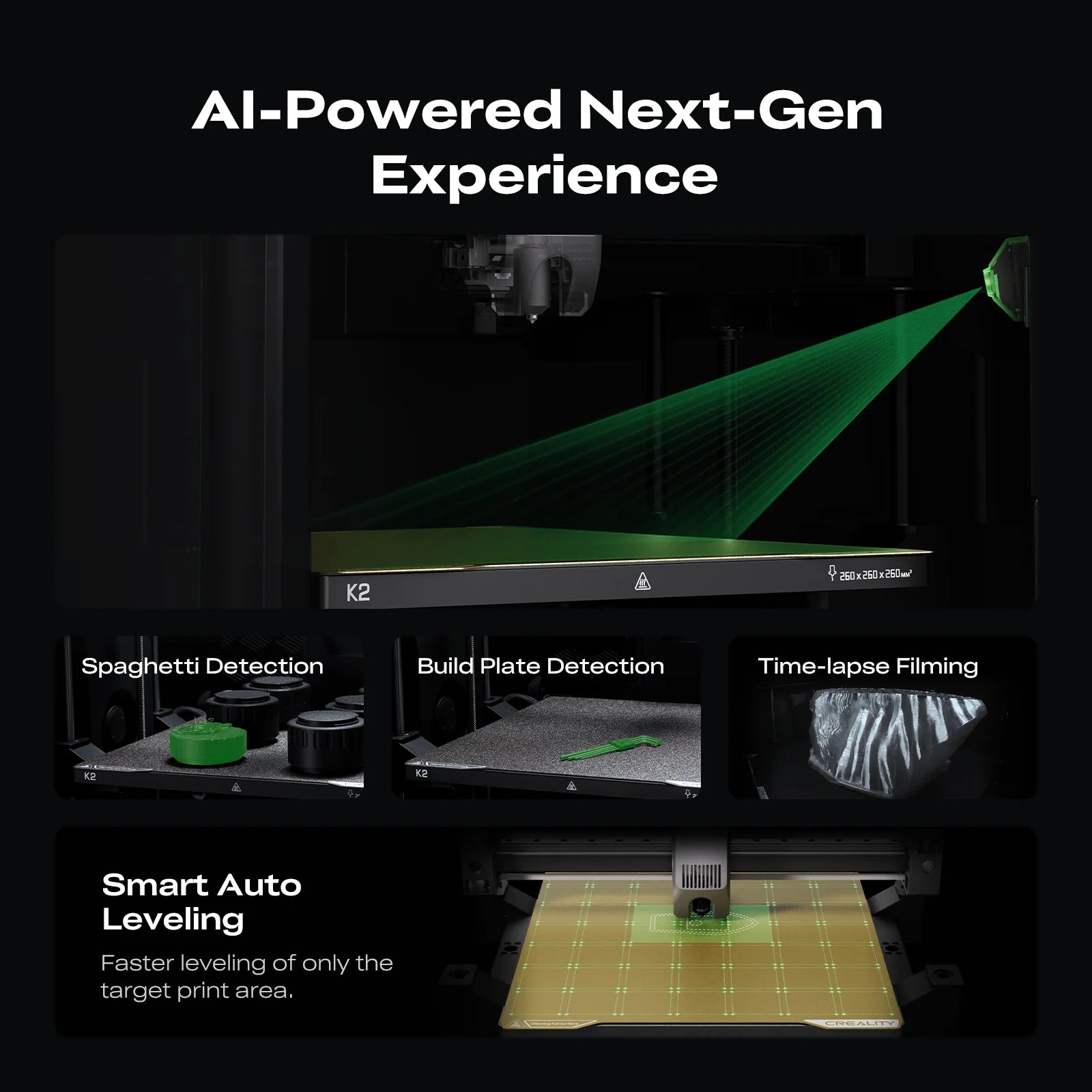 The Creality K2 Combo 3D Printer by Creality offers AI features like spaghetti detection, ultra-quiet printing, build plate and time-lapse detection, plus smart auto-leveling with a green grid. Reserve it now!.