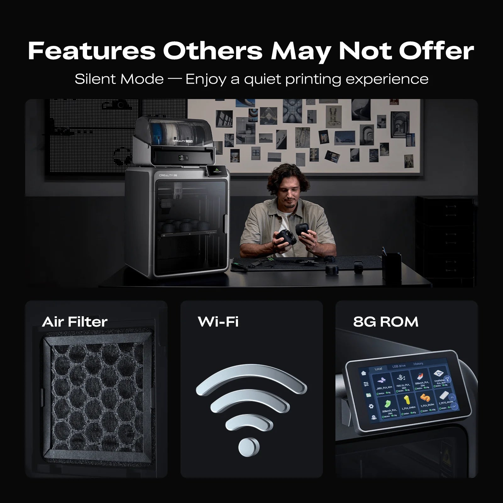 A man sits at a desk with the Creality K2 Combo 3D Printer. Icons highlight features like air filter, Wi-Fi, 8G ROM, multicolor and ultra-quiet printing. Text above: "Features Others May Not Offer." Reserve it now!.