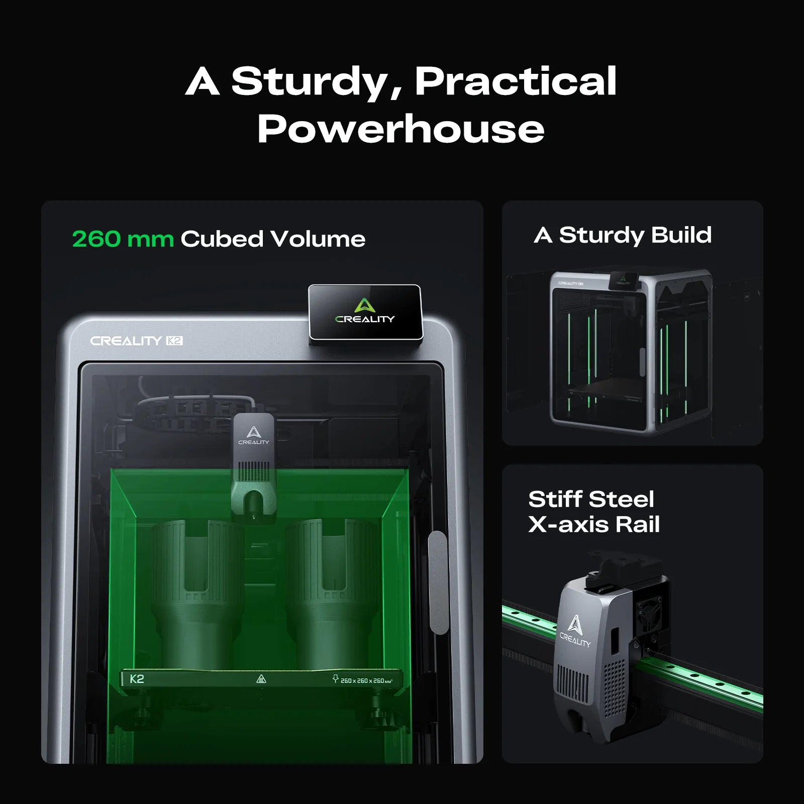 Reserve the Creality K2 Combo 3D Printer now! It features a sturdy build, stiff steel X-axis rail, ultra-quiet printing, and a 260mm³ print volume, showcasing Creality’s advanced design and structure.