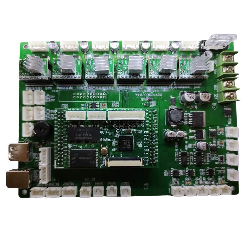 A green MakerPi motherboard for MakerPi P3 PRO F450_Main_V2.0 with many small white and black objects.
