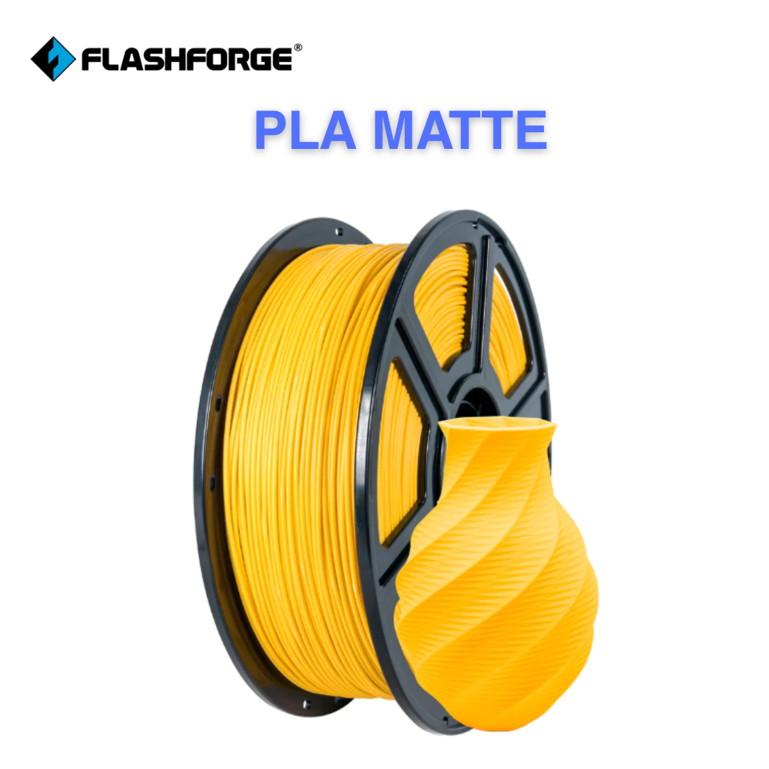 A spool of Flashforge PLA Matte Colour 1.75mm 3D Printing Filament in yellow is shown next to a spiral-designed, 3D-printed yellow object.