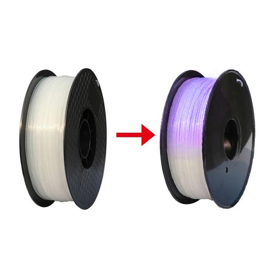 Two spools of Toyar PLA (UV Light Colour Change) 1.75mm filament: the left spool is white, while the right glows purple under UV light, separated by a red right-pointing arrow.