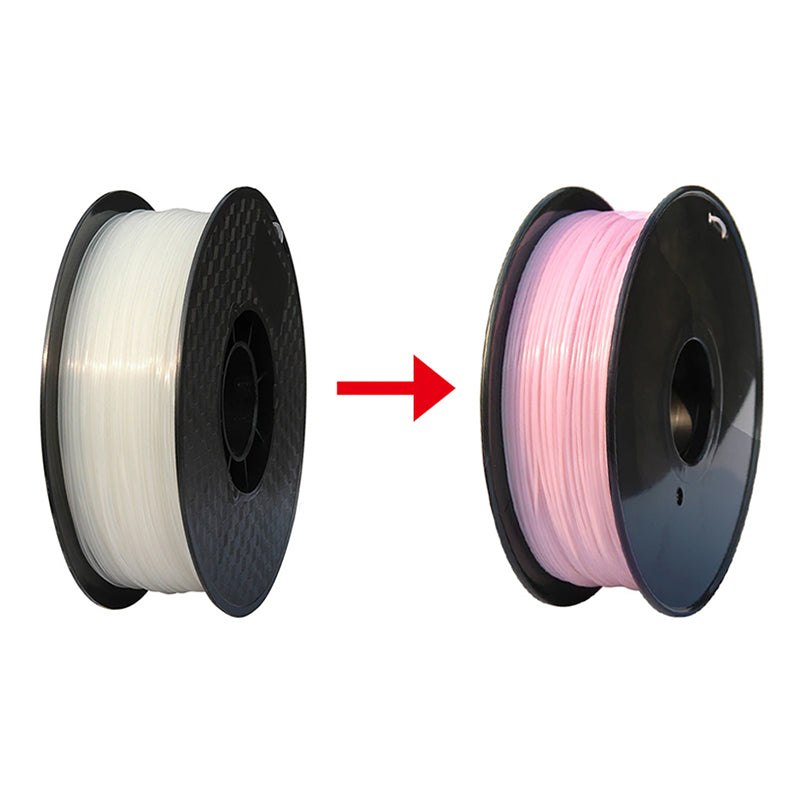 Two spools of Toyar PLA (UV Light Colour Change) 1.75mm 3D Printing Filament are displayed side by side, with a red arrow showing the transformation from white to pink when exposed to UV light.