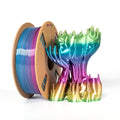 A spool of Toyar PLA Silk Rainbow 1.75mm 3D Printing Filament sits next to a glossy, rainbow-colored hand-shaped 3D-printed sculpture.