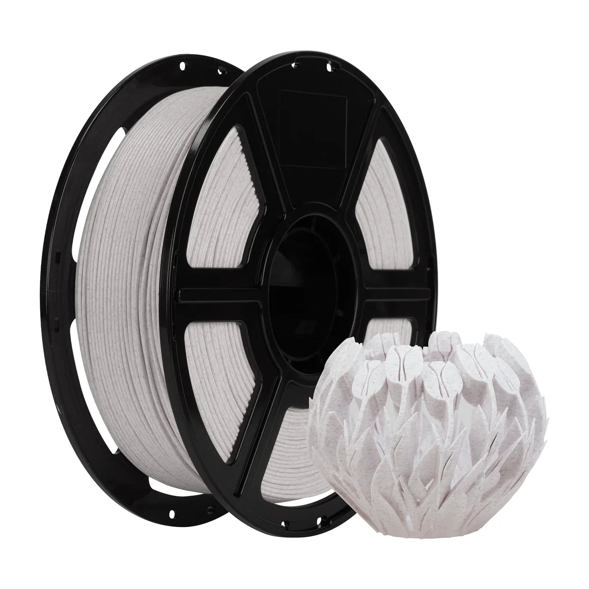 A spool of Flashforge HS PLA 1.75mm 3D Printing Filament in Marble Colour sits beside a petal-shaped 3D-printed object, highlighting the filament’s reliable extrusion and smooth, high-quality surface finish.