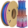 A spool of Toyar PLA Matte Rainbow 1.75mm Filament in a purple, pink, and blue gradient sits next to a matching matte-finished tower model, highlighting the vibrant 3D printing potential of Toyar’s product.