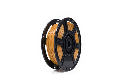 A spool of Flashforge PETG 1.75mm 3D printing filament, gold-colored, is wound around a black plastic reel and shown against a plain white background.