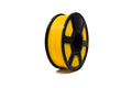 Flashforge PETG 1.75mm yellow 3D printing filament, on a black plastic reel, by Flashforge, isolated on a white background.