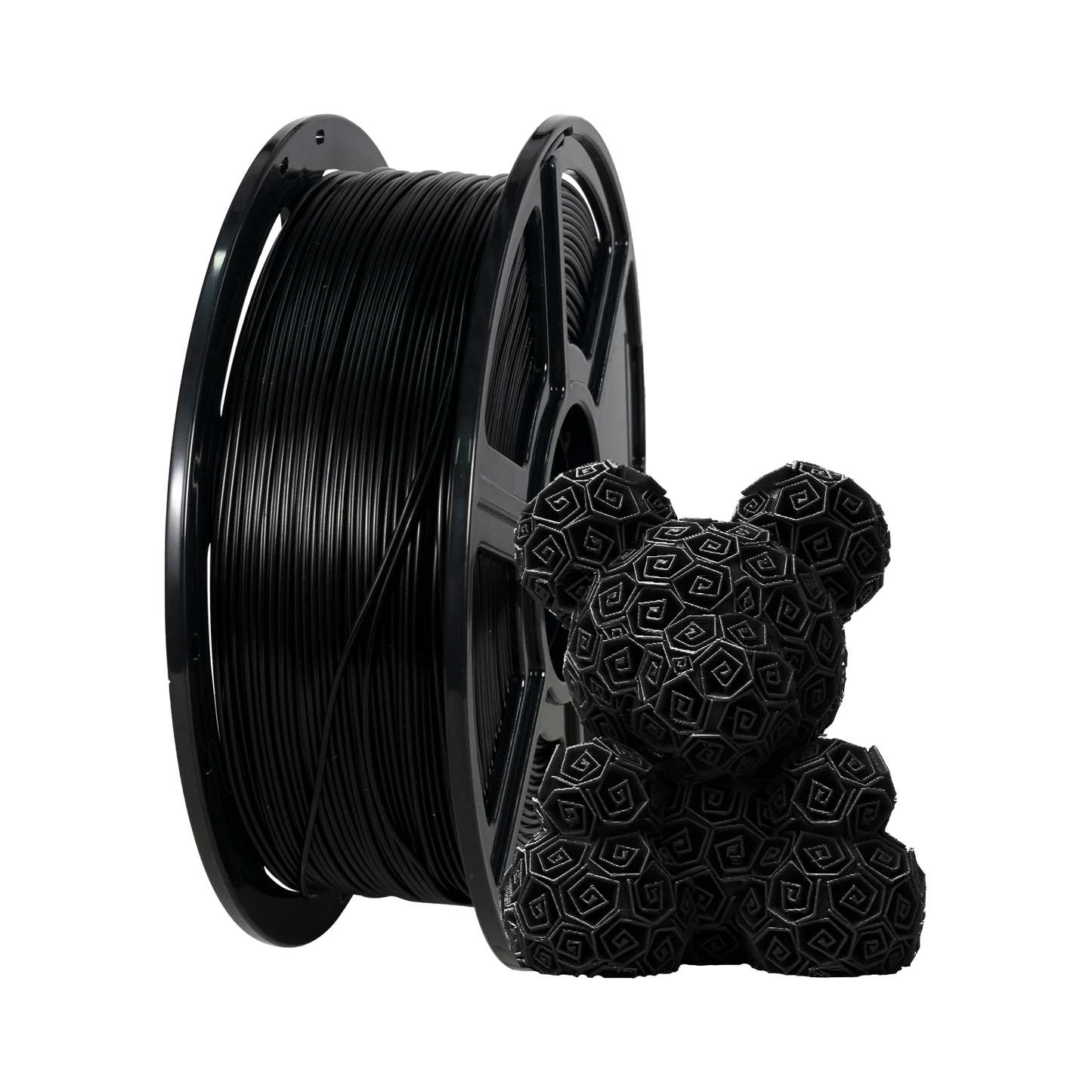 A spool of Flashforge PLA 1.75mm 3D Printing Filament - Basic Colour in black sits beside a geometric bear figurine, both demonstrating Flashforge's high-quality filament for impressive 3D prints.