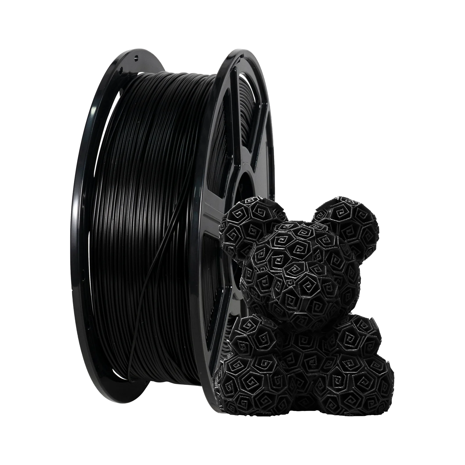 A spool of Flashforge PLA 1.75mm 3D Printing Filament - Basic Colour in black sits beside a geometric bear figurine, both demonstrating Flashforge's high-quality filament for impressive 3D prints.